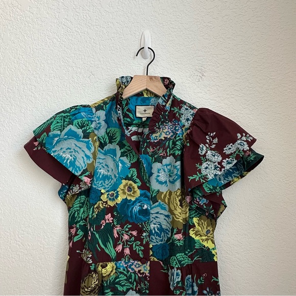 Tuckernuck Women Cotton Oxblood Blue Floral Alice Ruffled Collared Dress Size S - Picture 13 of 14